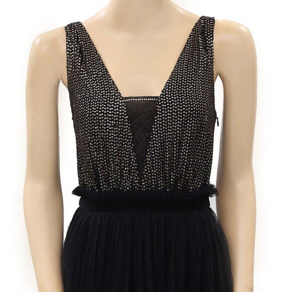 Free People Sequin Beaded Embellished Maxi Gown Dress Wedding Black S New - Picture 2 of 4